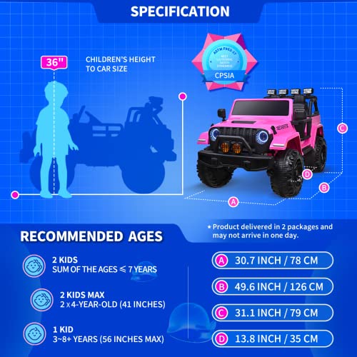 Joywhale 24V 2 Seater Kids Ride on Car Truck 4WD Battery Powered Motorized Easy-Drag Truck, with 4x45W Powerful Engine, Soft Braking, Remote Control, Suspension & Free Car Cover, 2022 New Model, Pink by Joywhale