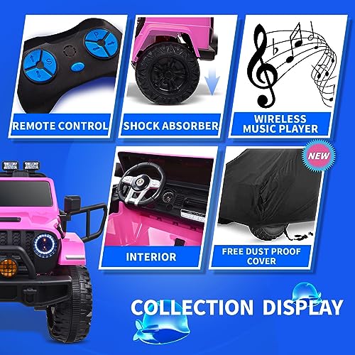 Joywhale 24V 2 Seater Kids Ride on Car Truck 4WD Battery Powered Motorized Easy-Drag Truck, with 4x45W Powerful Engine, Soft Braking, Remote Control, Suspension & Free Car Cover, 2022 New Model, Pink by Joywhale