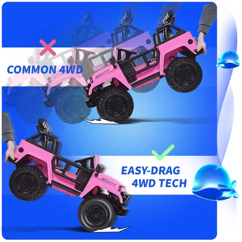 Joywhale 24V 2 Seater Kids Ride on Car Truck 4WD Battery Powered Motorized Easy-Drag Truck, with 4x45W Powerful Engine, Soft Braking, Remote Control, Suspension & Free Car Cover, 2022 New Model, Pink by Joywhale
