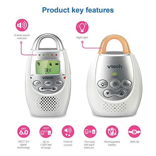 VTech DM221 Audio Baby Monitor with up to 1,000 ft of Range, Vibrating Sound-Alert, Talk Back Intercom & Night Light Loop, White/Silver from Vtech