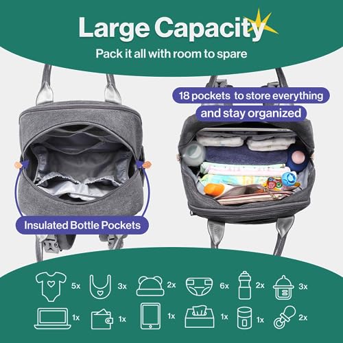 Diaper Bag Backpack, BabbleRoo Baby Nappy Changing Bags Multifunction Waterproof Travel Back Pack with Changing Pad & Stroller Straps & Pacifier Case, Unisex and Stylish (Dark Gray) from 