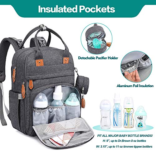 Diaper Bag Backpack, BabbleRoo Baby Nappy Changing Bags Multifunction Waterproof Travel Back Pack with Changing Pad & Stroller Straps & Pacifier Case, Unisex and Stylish (Dark Gray) from 
