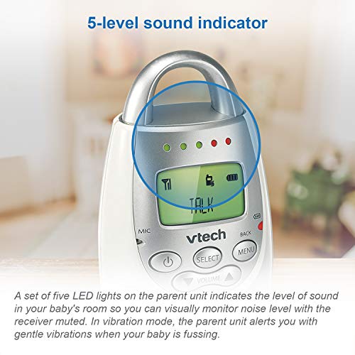 VTech DM221 Audio Baby Monitor with up to 1,000 ft of Range, Vibrating Sound-Alert, Talk Back Intercom & Night Light Loop, White/Silver from Vtech