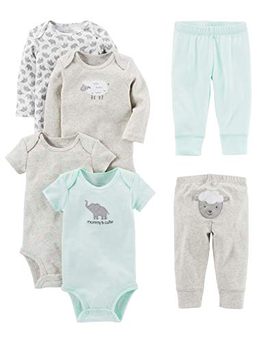 Simple Joys by Carter's Unisex Babies' 6-Piece Bodysuits (Short and Long Sleeve) and Pants Set, Grey/Mint Green, Lamb/Elephant, 3-6 Months by Carter's Simple Joys - Private Label