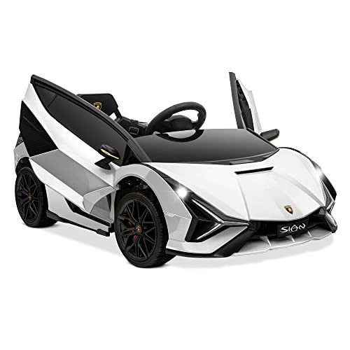 Kidzone Kids Electric Ride On 12V Licensed Lamborghini Sian Roadster Battery Powered Sports Car Toy with 2 Speeds, Parent Control, Sound System, LED Headlights & Hydraulic Doors - White from Kidzone