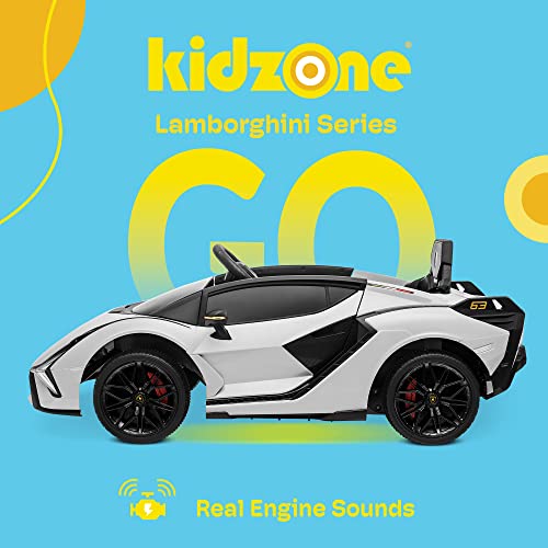 Kidzone Kids Electric Ride On 12V Licensed Lamborghini Sian Roadster Battery Powered Sports Car Toy with 2 Speeds, Parent Control, Sound System, LED Headlights & Hydraulic Doors - White from Kidzone