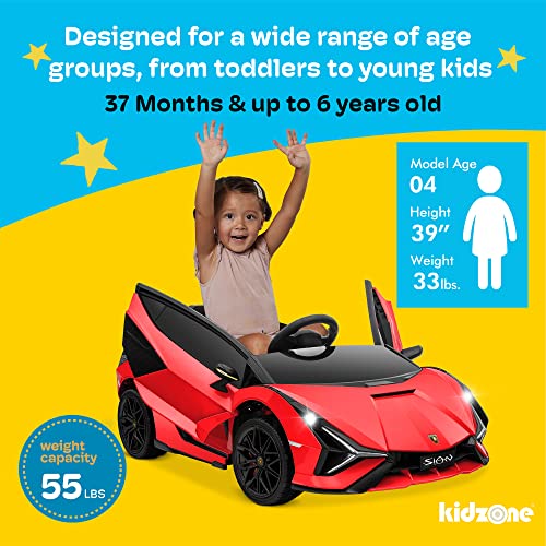 Kidzone Kids Electric Ride On 12V Licensed Lamborghini Sian Roadster Battery Powered Sports Car Toy with 2 Speeds, Parent Control, Sound System, LED Headlights & Hydraulic Doors - White from Kidzone