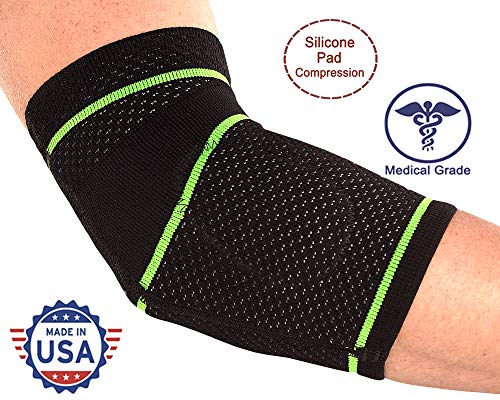 BRD Sport Medical Grade Elbow Brace, Relieves Tennis Elbow Golfers Elbow Tendinitis Epicondylitis, FDA Registered, Made in USA, Premium Elbow Support (Black with Green, L) by BRD Sport