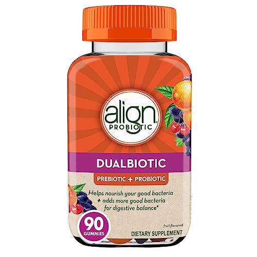 Align DualBiotic, Prebiotic + Probiotic for Men and Women, Help Nourish and Add Good Bacteria for Digestive Support, Natural Fruit Flavors, 90 Gummies by Procter & Gamble