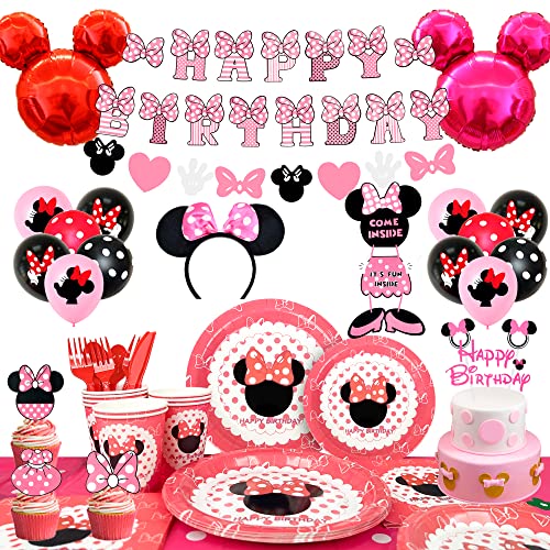 Minnie Mouse Birthday Party Supplies, Banner, Tableware, Tablecloth, Balloons, Cake Toppers 125pcs Minnie Decorations For 1st and 2nd Birthday Decorations for Girls, Serves 10 Guests from Fruitful Party