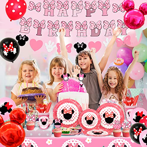 Minnie Mouse Birthday Party Supplies, Banner, Tableware, Tablecloth, Balloons, Cake Toppers 125pcs Minnie Decorations For 1st and 2nd Birthday Decorations for Girls, Serves 10 Guests from Fruitful Party