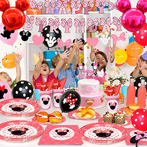 Minnie Mouse Birthday Party Supplies, Banner, Tableware, Tablecloth, Balloons, Cake Toppers 125pcs Minnie Decorations For 1st and 2nd Birthday Decorations for Girls, Serves 10 Guests from Fruitful Party