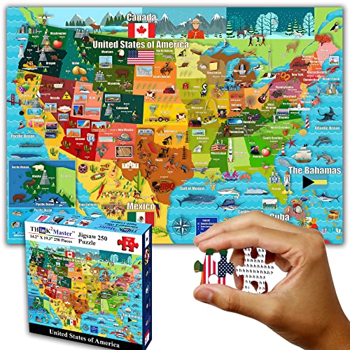 Think2Master United States Map 250 Pieces Jigsaw Puzzle Fun Educational Toy for Kids, School & Families. Great Gift for Boys & Girls Ages 8+ to Stimulate Learning of USA. Size: 14.2â X 19.3â by Think2Master