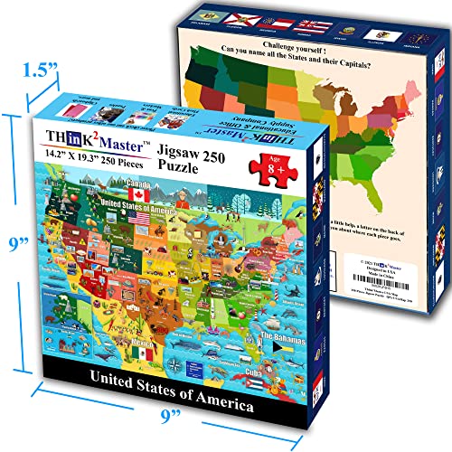 Think2Master United States Map 250 Pieces Jigsaw Puzzle Fun Educational Toy for Kids, School & Families. Great Gift for Boys & Girls Ages 8+ to Stimulate Learning of USA. Size: 14.2â X 19.3â by Think2Master