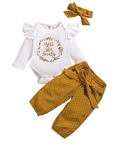 Baby Newborn Girl Clothes Ruffle Isnt She Lovely Outfit Tops Pants with Headband Fall 6 Month Baby Girl Clothes 0-3 Months White by 