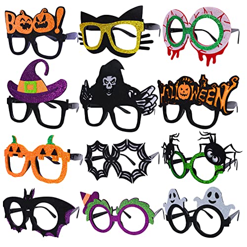 12 Pcs Halloween Eyeglasses,Novelty Toy Glasses Cosplay,Halloween Party Favor Funny Glitter Funny Party Decorations for Kids and Adults Glasses,Pumpkin,Spider , Web,Ghost,Bat,Hat,Skull,Eyeball Eyewear by Thuodo