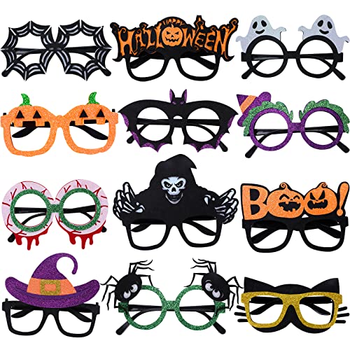 12 Pcs Halloween Eyeglasses,Novelty Toy Glasses Cosplay,Halloween Party Favor Funny Glitter Funny Party Decorations for Kids and Adults Glasses,Pumpkin,Spider , Web,Ghost,Bat,Hat,Skull,Eyeball Eyewear by Thuodo