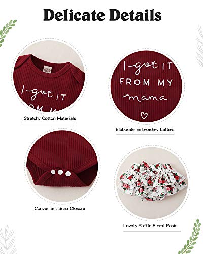 Newborn Baby Girl Clothes Romper Shorts Set Summer Clothes for Baby Girl Floral Infant Girl Clothes Ruffle Baby Girls' Clothing Wine Red Baby Girl Clothes 3-6 Months by 