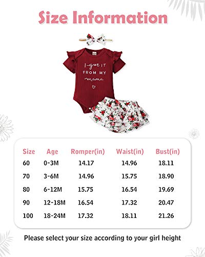 Newborn Baby Girl Clothes Romper Shorts Set Summer Clothes for Baby Girl Floral Infant Girl Clothes Ruffle Baby Girls' Clothing Wine Red Baby Girl Clothes 3-6 Months by 