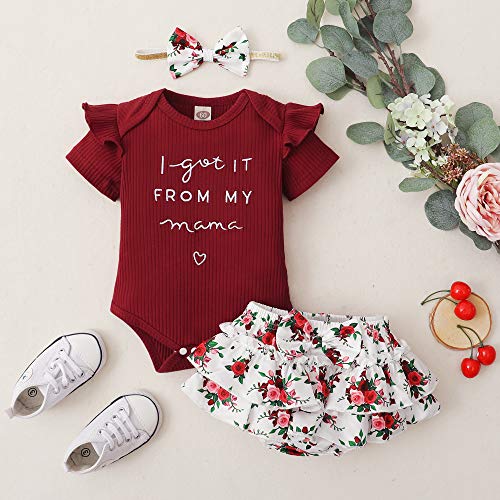 Newborn Baby Girl Clothes Romper Shorts Set Summer Clothes for Baby Girl Floral Infant Girl Clothes Ruffle Baby Girls' Clothing Wine Red Baby Girl Clothes 3-6 Months by 