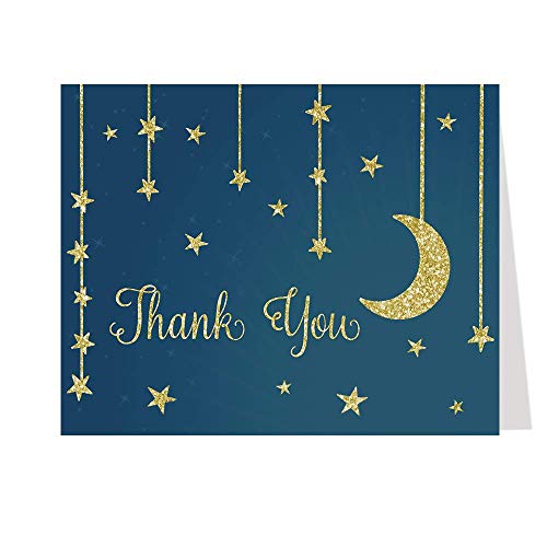 Twinkle Little Star Thank You Cards Star and Moon Over The Moon Theme Folding Notes Greeting Cards Navy Blue Gold Glitter Design Make A Wish Bright Night Boy Girl Gender Neutral (50 Count) by The Invite Lady