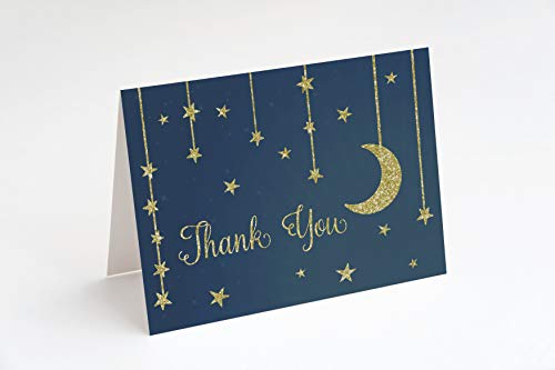 Twinkle Little Star Thank You Cards Star and Moon Over The Moon Theme Folding Notes Greeting Cards Navy Blue Gold Glitter Design Make A Wish Bright Night Boy Girl Gender Neutral (50 Count) by The Invite Lady