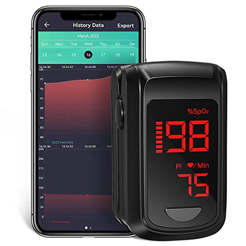 Fingertip Pulse Oximeter- HOLFENRY Pulse Oximeter Bluetooth Oximeter Oxygen Saturation Monitor for SpO2/Heart Rate/PI, with Auto Graph Display/Alarm/Dedicated App, Compatible with iOS&Android from HOLFENRY