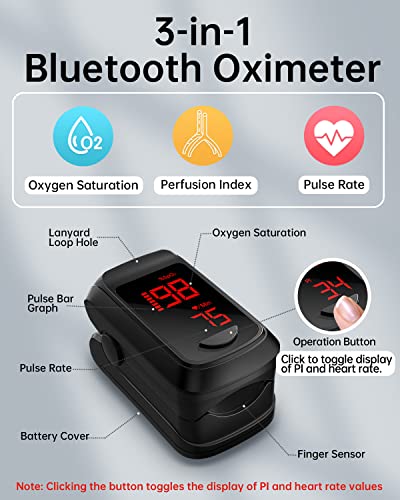 Fingertip Pulse Oximeter- HOLFENRY Pulse Oximeter Bluetooth Oximeter Oxygen Saturation Monitor for SpO2/Heart Rate/PI, with Auto Graph Display/Alarm/Dedicated App, Compatible with iOS&Android from HOLFENRY
