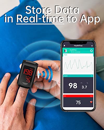 Fingertip Pulse Oximeter- HOLFENRY Pulse Oximeter Bluetooth Oximeter Oxygen Saturation Monitor for SpO2/Heart Rate/PI, with Auto Graph Display/Alarm/Dedicated App, Compatible with iOS&Android from HOLFENRY