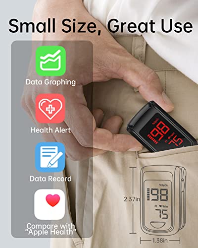 Fingertip Pulse Oximeter- HOLFENRY Pulse Oximeter Bluetooth Oximeter Oxygen Saturation Monitor for SpO2/Heart Rate/PI, with Auto Graph Display/Alarm/Dedicated App, Compatible with iOS&Android from HOLFENRY