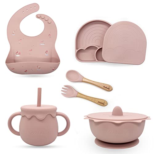 Zeebaby Silicone Baby Feeding Set Of 6 Cloud design Suction Plate With Lid, Suction Bowl With Lid, Gorgeous Pattern Bib, Leakproof Double Handle Sippy Cup, Infant Stage Fork & Spoon (Pink Rose) from 