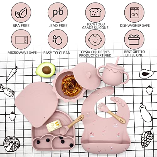Zeebaby Silicone Baby Feeding Set Of 6 Cloud design Suction Plate With Lid, Suction Bowl With Lid, Gorgeous Pattern Bib, Leakproof Double Handle Sippy Cup, Infant Stage Fork & Spoon (Pink Rose) from 