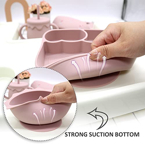 Zeebaby Silicone Baby Feeding Set Of 6 Cloud design Suction Plate With Lid, Suction Bowl With Lid, Gorgeous Pattern Bib, Leakproof Double Handle Sippy Cup, Infant Stage Fork & Spoon (Pink Rose) from 