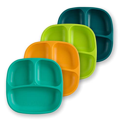 Re-Play 4pk - 7.37" Divided Plates with Deep Sides for Baby, Toddler & Child Feeding in Aqua, Sunny Yellow, Lime & Teal | BPA Free | Made in USA from Eco Friendly Recycled Milk Jugs | (Aqua Asst 4pk) by Re-Think It Inc.