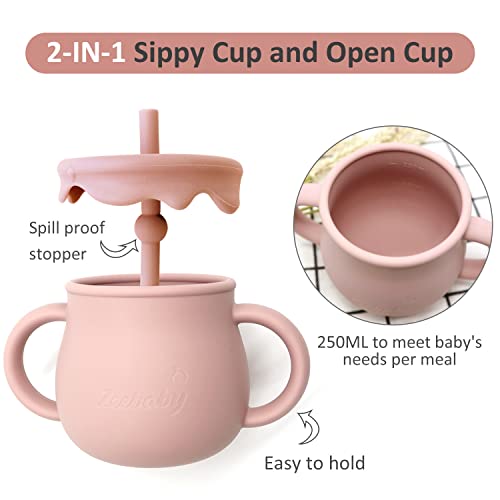 Zeebaby Silicone Baby Feeding Set Of 6 Cloud design Suction Plate With Lid, Suction Bowl With Lid, Gorgeous Pattern Bib, Leakproof Double Handle Sippy Cup, Infant Stage Fork & Spoon (Pink Rose) from 