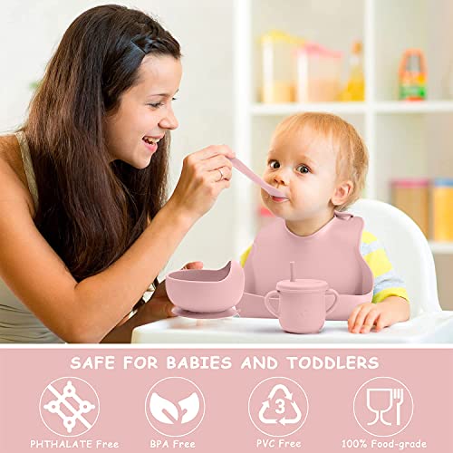 Mummentos Silicone Baby Feeding Set - Baby Led Weaning Supplies, Toddler Utensils, Transition Sippy Cups For Baby, Baberos Para Bebe, Suction Plates For Baby, Silicone Bibs For Babies, Bowl (Pink) by Mummentos