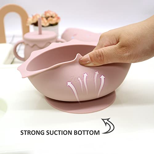 Zeebaby Silicone Baby Feeding Set Of 6 Cloud design Suction Plate With Lid, Suction Bowl With Lid, Gorgeous Pattern Bib, Leakproof Double Handle Sippy Cup, Infant Stage Fork & Spoon (Pink Rose) from 