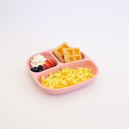 Re-Play 4pk - 7.37" Divided Plates with Deep Sides for Baby, Toddler & Child Feeding in Aqua, Sunny Yellow, Lime & Teal | BPA Free | Made in USA from Eco Friendly Recycled Milk Jugs | (Aqua Asst 4pk) by Re-Think It Inc.