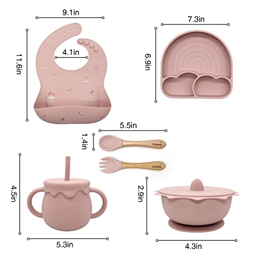 Zeebaby Silicone Baby Feeding Set Of 6 Cloud design Suction Plate With Lid, Suction Bowl With Lid, Gorgeous Pattern Bib, Leakproof Double Handle Sippy Cup, Infant Stage Fork & Spoon (Pink Rose) from 