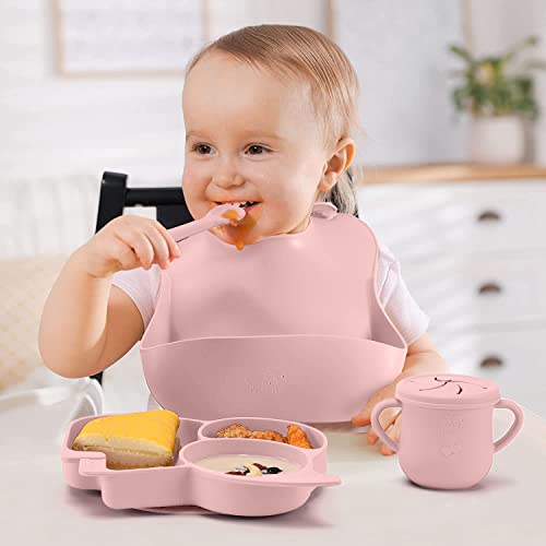Mummentos Silicone Baby Feeding Set - Baby Led Weaning Supplies, Toddler Utensils, Transition Sippy Cups For Baby, Baberos Para Bebe, Suction Plates For Baby, Silicone Bibs For Babies, Bowl (Pink) by Mummentos