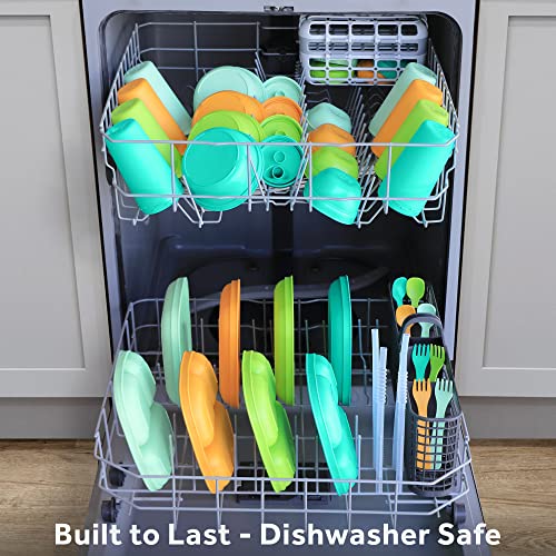 Re-Play 4pk - 7.37" Divided Plates with Deep Sides for Baby, Toddler & Child Feeding in Aqua, Sunny Yellow, Lime & Teal | BPA Free | Made in USA from Eco Friendly Recycled Milk Jugs | (Aqua Asst 4pk) by Re-Think It Inc.