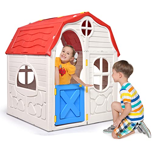 HONEY JOY Outdoor Playhouse for Kids, Cottage Indoor Playhouse with Working Doors & Windows, Pretend Play House Imagination Playset Toy for Toddlers Boys Girls by HONEY JOY