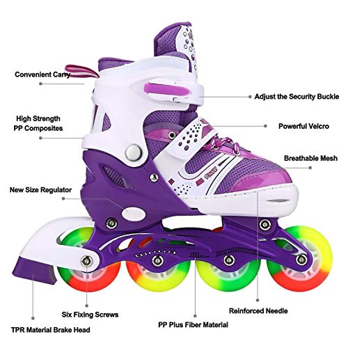 JIFAR Youth Childrenâs Inline Skates for Kids, Adjustable Inline Skates with Light Up Wheels for Girls Boys, Indoor&Outdoor Ice Skating Equipment Small Size(12J-2 US), Purple by JIFAR