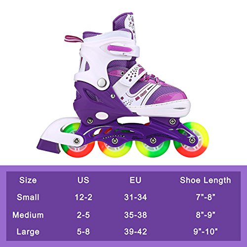 JIFAR Youth Childrenâs Inline Skates for Kids, Adjustable Inline Skates with Light Up Wheels for Girls Boys, Indoor&Outdoor Ice Skating Equipment Small Size(12J-2 US), Purple by JIFAR