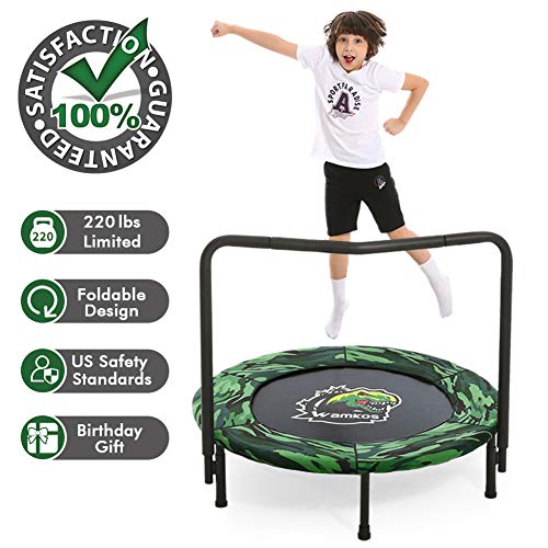2022 Upgraded Dinosaur Mini Trampoline for Kids with Handle, Foldable Kids Trampoline for Play & Exercise Indoor or Outdoor, Camo Safty Padded Cover Toddler Rebounder Trampoline for Jump Sports from Wamkos