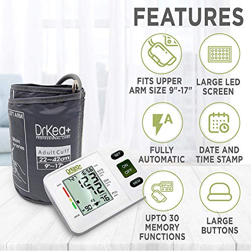 Blood Pressure Monitor Upper Arm - Fully Automatic Blood Pressure Machine Large Cuff Kit - Digital BP Monitor for Adult, Pregnancy - Blood Pressure Kit for Home Use - Batteries, Storage Bag Included by DrKea
