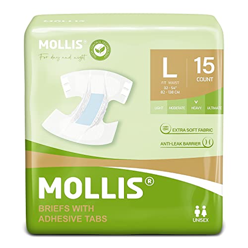 MOLLIS Adult Diapers for Women and Men, Unisex Disposable Incontinence Briefs with Tabs, Maximum Absorbency, Overnight Leak Protection, Large, 15 Count by SUNKISS HEALTHCARE CO LTD