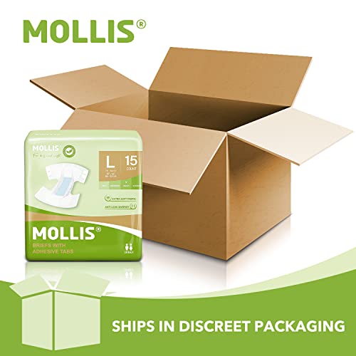 MOLLIS Adult Diapers for Women and Men, Unisex Disposable Incontinence Briefs with Tabs, Maximum Absorbency, Overnight Leak Protection, Large, 15 Count by SUNKISS HEALTHCARE CO LTD