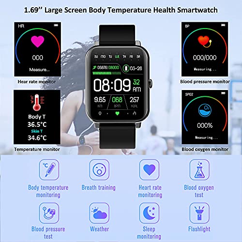 Smart Watch for Android Phone and iPhone Compatible, Hongmed Body Temperature Health Watch with Blood Pressure Oxygen Monitor for Men Women, IP67 Waterproof Fitness Tracker Steps Calorie Counter Black from Hongmed