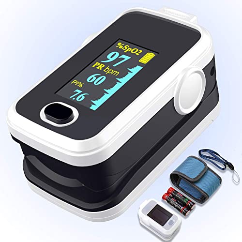 Pulse oximeter fingertip with Plethysmograph and Perfusion Index, Portable Blood Oxygen Saturation Monitor for Heart Rate and SpO2 Level, O2 Monitor Finger for Oxygen,Pulse Ox,Oximetro, (Black-White) from SHENZHEN AEON TECHNOLOGY CO.,LTD